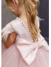 Feather Sleeve Blush Satin Tulle V Back Flower Girl Dress